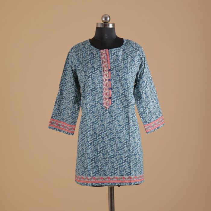 Blue Printed Cotton Short Kurtha - Image 1