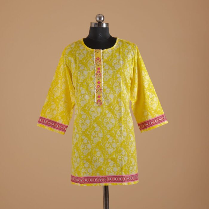 Yellow Printed Cotton Short Kurtha - Image 1