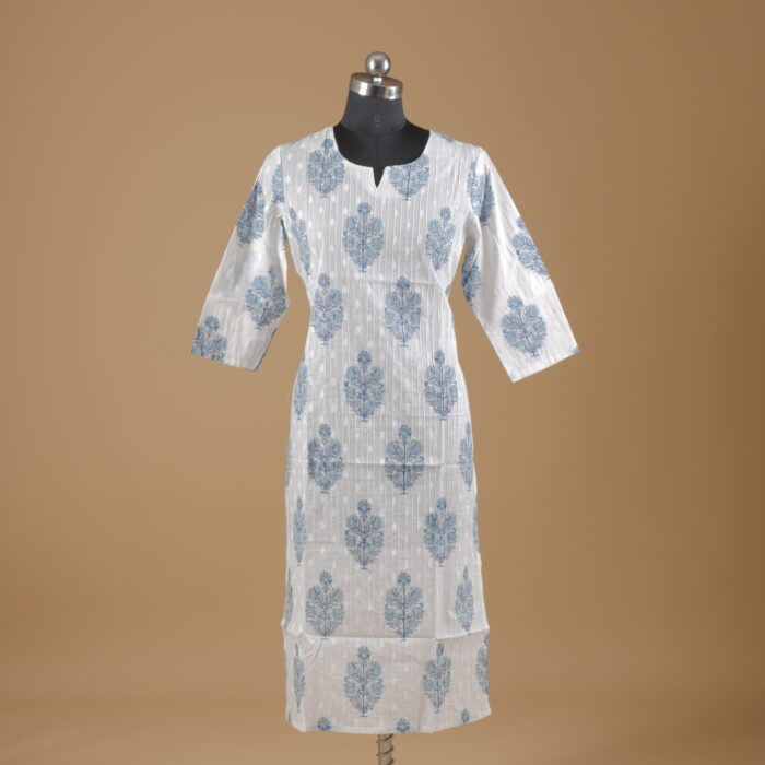 White Printed Cotton Kurtha - Image 1
