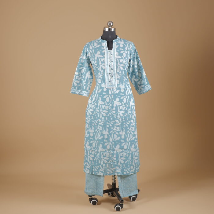 Paled Turquoise Printed Straight Pants Suit Kurtha (2Pcs) - Image 1