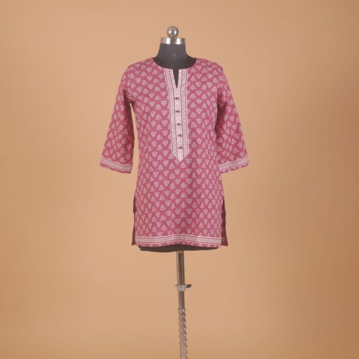 Red Printed Cotton Short Kurtha - Image 1