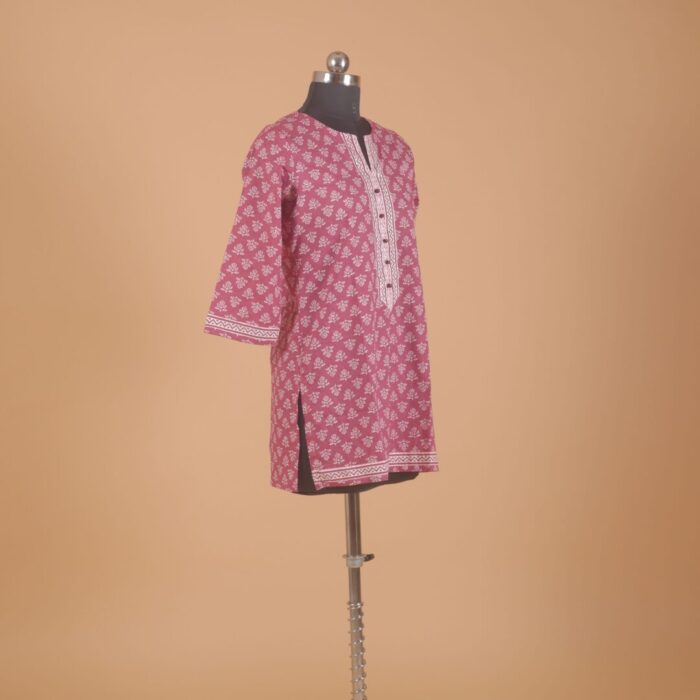 Red Printed Cotton Short Kurtha - Image 2