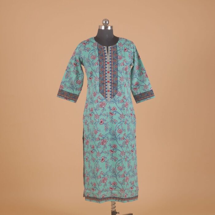 Green Printed Cotton Kurtha - Image 1